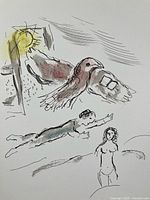 Close-up of lithograph showing detailed imagery including bird, man, woman, and sun with color accents.