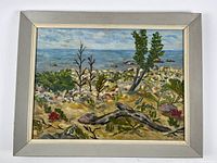 Framed oil painting showing a coastal landscape with rocks and plants, signed C. Clemo lower right.