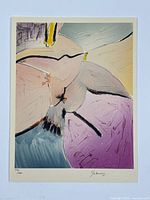 Full image of the lithograph print laid flat, showing the colorful abstract bird design, signature and edition number.