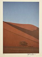 Close-up photo of the art print showing the limited edition number 56/500 and artist's signature in pencil at the bottom of the image of a sand dune with a tree in the foreground under blue sky.