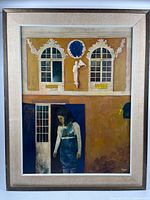 Frontal view of the framed painting showing the full composition with female figure and architectural details