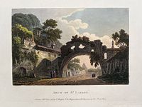 Close-up photo of the lithograph titled 'Arch of St Lazare' showing a stone archway and period figures with color details.