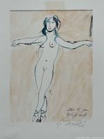 Close-up of the photolithograph showing the drawing of a nude female figure in ballet stance with artist signature and edition note.