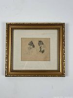 Framed pencil drawing of two women in hazy, delicate strokes with muted tones, in a decorative gold frame.