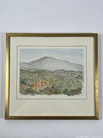 Framed original watercolour painting showing a landscape of Rochefort-du-Gard with a mountain and greenery in the foreground.