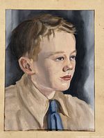 Close-up image of the watercolour portrait depicting a young boy in a beige shirt and blue tie, showing the detail and signature on the mat.