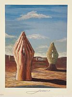 Front view of the art print showing detailed depiction of wooden praying hands and a sculptural tree in a barren landscape under a blue sky with clouds.