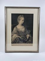 Front view of the framed 18th century engraving depicting Esther Jacobs after a painting by Joshua Reynolds, showing full frame and matting.