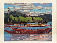 Close-up of the art print 'Bateaux' showing detailed painting of boats and landscape.