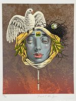 Art print showing a mask with a dove and bird nest, signed and numbered in pencil.