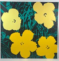 Frontal view of silkscreen showing five yellow flowers on dark green and black background.