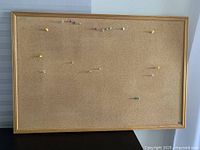 Front view of cork bulletin board with wood frame and push pins