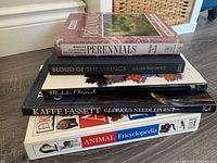 Stack showing all five book spines for identification