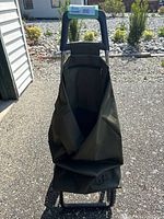 Front view of the olive green shopping cart showing the nylon bag and fixed handlebar under sunlight.