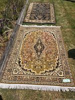 Two medium sized wool area rugs laid out on grass. The top rug is dark brown/black with cream border, showing some wear at edges. The bottom rug is golden and rust tone with floral medallion design and white fringe.