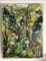 Front view of a large vertical abstract expressionist mixed media painting with dominant greens, yellows, and earthy tones, featuring a textured forest-like composition.