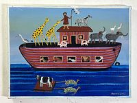 Front view of colorful folk art painting on masonite panel featuring Noah's Ark with various animals and figure of Noah.