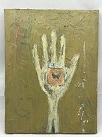 Front view of the mixed media painting showing hand with butterfly behind mesh on olive background