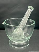 Front view of glass mortar and pestle showing pour spout and heavy base on a black background.