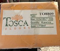 Box label showing Tosca brand, model TO8809, size 1215x146x12.3 mm, quantity 10 pieces, area coverage 1.7739 sqm