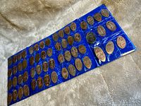 Pressed coin collection displayed in blue starry plastic holders laid flat on a beige surface, showing over 50 coins