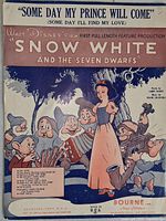 Front cover of vintage sheet music illustrating Snow White and the Seven Dwarfs with title and publishing details.