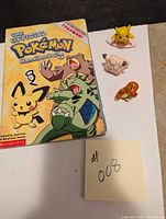 Photo of the handbook with Pokemon characters on the cover and three figurines: Pikachu, Clefairy, and Charmander arranged next to the book on a white surface.