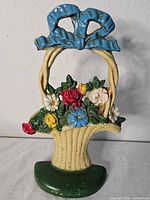 Front view of vintage JW cast iron doorstop, depicting a basket with painted flowers and a blue bow on top.