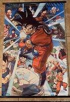 Full view of the Dragonball Z wall scroll showing Goku and many characters from the series with blue background and black hanging rods.