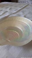 Top angle view of iridescent ceramic shell dish showing ridged texture and off-white color.