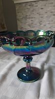 Front angled side view of the iridescent blue carnival glass pedestal bowl showing scalloped ruffled edge and vibrant color shifts.