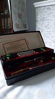 Open display box showing carving utensils with Bakelite handles and gold plated bolsters inside lined red velvet compartment.