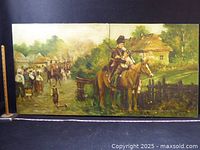 Full view of large horizontal oil painting depicting village scene