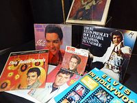 Group shot of Elvis LPs, book and framed photo