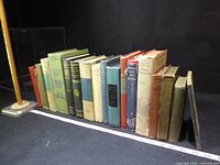 Left angled view of entire row of 18 cloth-bound hardcovers with ruler for scale