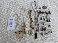 Full view of all jewelry items including necklaces, earrings, and brooch, arrayed on a fabric background.
