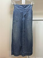 Front view of light blue wide leg wide jeans showing elastic waist and front patch pockets.
