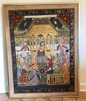Front view of framed Mughal court scene painting