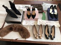 Overview of all footwear, faux fur collar and dust bags on table