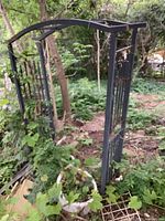 Full side view of black metal garden arbor showing vertical bars, arch top, and surrounding greenery with vines growing on it.