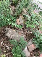 Outdoor photo of stacked concrete pavers and stones partially covered in greenery and dirt.