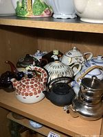 Shelf with seven assorted medium to large decorative teapots including giraffe-shaped and traditional designs.