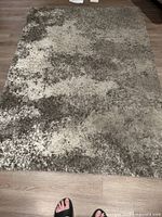 Photo showing a rectangular area rug on a wooden floor with a mottled gray and beige shag texture, visible toes excluded from description.