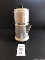 Full assembled view of Sears Maid of Honor aluminum camp coffee pot showing all parts together.