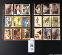 Front sides of 24 Star Wars collectible trading cards placed in 2 plastic sheets, showing characters and scenes from the films.