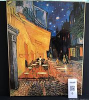 Front view of the 20x16 inch plaque featuring Vincent Van Gogh's "Café Terrace at Night" showing the detailed street scene at night with café tables and warm lighting.