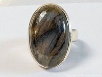 Front view showing oval labradorite cabochon and bezel setting