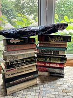 Stack of books including 'The Talisman', 'Annual World's Best SF', and 'A Rumor of War' with colorful book bag on top.