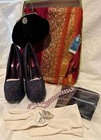 Full shot showing the silk embroidered sari, the black satin Bordello shoes, vintage white gloves with brooch, faux pearl necklace, and the black velvet purse in box.