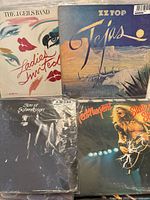 Four vinyl records with covers in classic rock genre: The J. Geils Band - Ladies Invited, ZZ Top - Tejas, Son of Schmilsson, Ted Nugent - State of Shock.